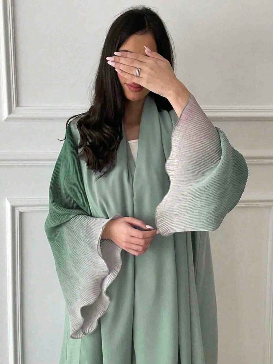 Váy midi một mảnh thời trang và tối giản với họa tiết phối màu, tay bồng, kiểu dáng Trung Đông, màu trơn dành cho nữ, áo choàng cardigan thanh lịch, phù hợp cho mặc hàng ngày và các dịp lễ hội mùa xuân. - Màu xanh Bạc hà - Xem 1