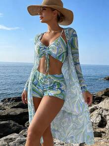 3-Piece Bikini Set: Kimono, Shorts, Top, Beach Cover-Up - Cadet Blue - View 2