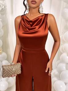AIJ Amarilo Women's Solid Satin Wide Leg Jumpsuit - Sleeveless Cinched Waist, Elegant For Commuting, Spring/Summer - Reddish Brown - View 1