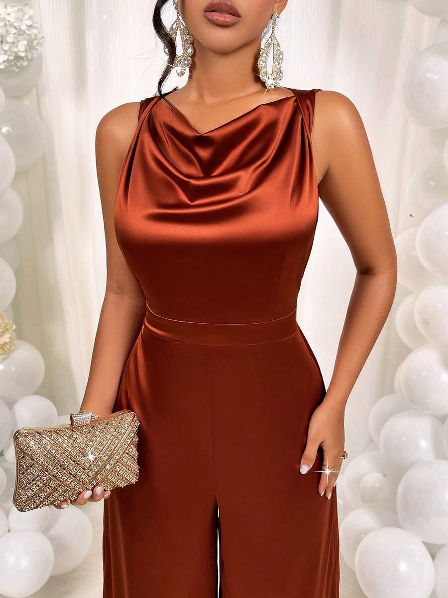 AIJ Amarilo Women's Solid Satin Wide Leg Jumpsuit - Sleeveless Cinched Waist, Elegant For Commuting, Spring/Summer - Reddish Brown - View 1