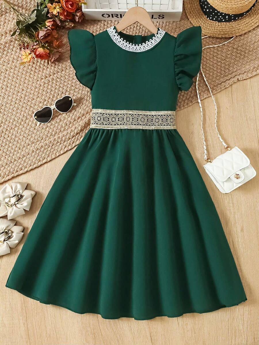 Đầm cổ ren màu xanh đậm kiểu vintage cho bé gái, thanh lịch và dễ thương, viền ren, tay áo loe, gấu váy xòe, nhẹ, đầm dự tiệc cho bé gái, đầm dạ hội. - màu xanh lá - Xem 1