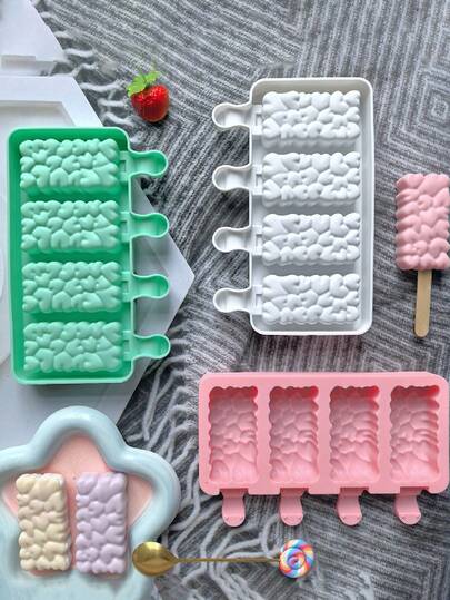 1个四腔心形模具 - 心形云朵图案冰棒模具，不粘，多用途，四腔巧克力模具，可重复使用冰棒模具，适用于制作椒盐脆饼、糖果、巧克力棒、蛋糕等