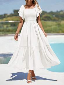 Women's Summer Casual Dresses Square Neck Ruffle Short Sleeve High Waist A-Line Wedding Dresses - trắng - Xem 3