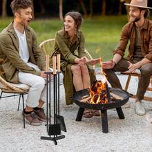 COSTWAY 4-Piece Metal Fireplace Tools Set With Wood Handle And Base Stand Holder, Black+ - one-size - View 1