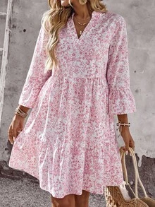 Teacher's Notched Neck Floral Dress - Flare Sleeve Modest For Homecoming & Vacations - Hồng - Xem 4