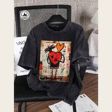 Es Trus Plus Size Cotton Summer Womens Fun Print Hip-Hop Graffiti Personalized Pattern Print Street Korean Style Comfort - Black - View 1