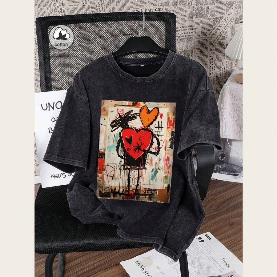 Es Trus Plus Size Cotton Summer Womens Fun Print Hip-Hop Graffiti Personalized Pattern Print Street Korean Style Comfort - Black - View 1