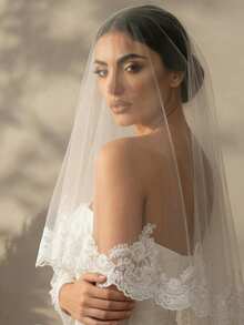 1pc Elegant Lace Trim Bridal Veil, Suitable For Wedding, Party, Eid Festival - Milky - View 2