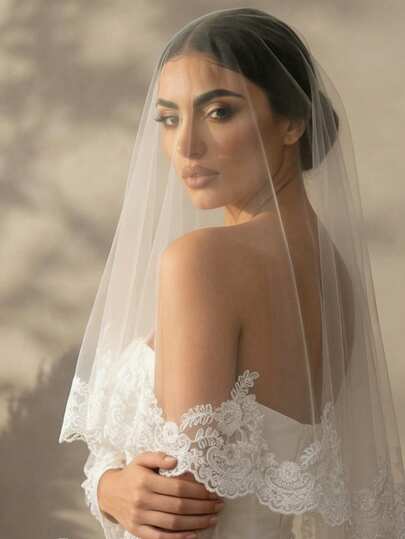 1pc Elegant Lace Trim Bridal Veil, Suitable For Wedding, Party, Eid Festival