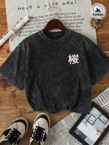 LILL 女士春夏日本樱花图案 T 恤，略带弹性，修身，水洗做旧棉质黑色圆领短袖 T 恤，休闲日常街头风上衣。 - 黑色 - 查看 2