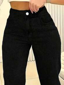 Women's Straight-Leg Loose Casual Denim Jeans With Pockets, Versatile - Đen 2 - Xem 4