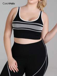 Áo tập thể thao cỡ lớn kẻ sọc, cổ vuông, không lưng, thích hợp cho yoga và các bài tập cường độ thấp, màu đen, mùa hè. - màu đen - Xem 6