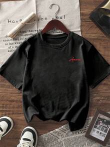 Playera Mujer Amplia Estampado Gráfico Primavera Verano, Nueva Moda Minimalista, Estampado de Letras de Vino y Pasta Italiana, Camiseta Casual de Manga Corta con Cuello Redondo, Top Versátil y Elegante para Mujer, Negro - Negro - Ver 3
