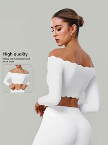 女士露肩蕾丝长袖瑜伽上衣T恤，带可拆卸胸垫 - 白色 - 查看 3