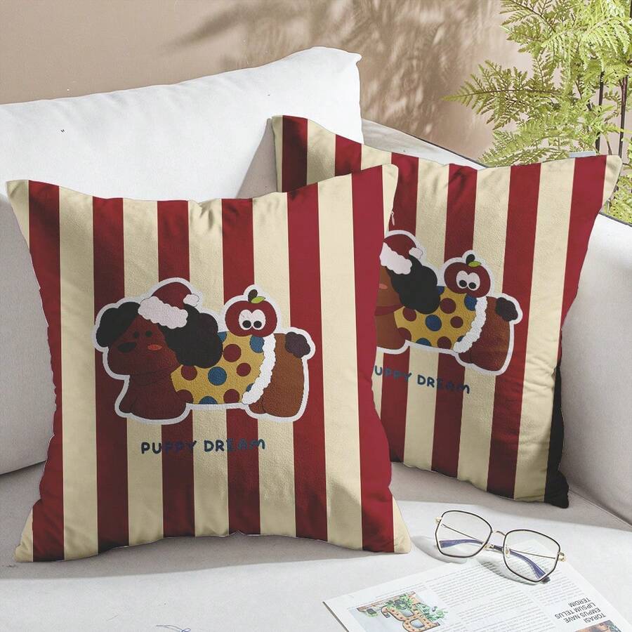 2pcs Animal Theme Pillow Covers, Cute Cartoon Pillow Cases, Striped Puppy Pattern Cushion Covers, Suitable For Living Room And Bedroom Sofa And Chair (Pillow Inserts Not Included) - Puppy - View 1