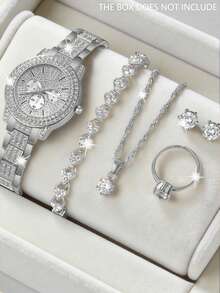 6pcs Luxurious And Elegant Women's Quartz Watch Set, Women's Silver Jewelry Set (Includes A Full-Rhinestone Silver Alloy Strap Chronograph Quartz Watch With A Rhinestone-Studded Dial, Heart-Shaped Rhinestone Silver Bracelet, Single Rhinestone Pendant Silver Necklace, Rhinestone-Studded Silver Earrings, Rhinestone-Studded Silver Ring). - Silver - View 6