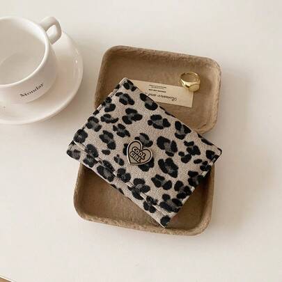Retro European And American Leopard Print Heart Metallic Decor Minimalist Fashion Women Tri-Fold Wallet, Large Capacity Card Holder