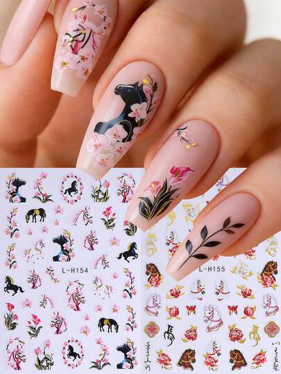 قطعتان ملصقات فنية لتزيين الأظافر ذات رسومات حصان بالحبر وأزهار الخوخ لموسم الربيع 2026، ملصقات لاصقة ذاتيًا لتزيين الأظافر وإكسسوارات للنساء