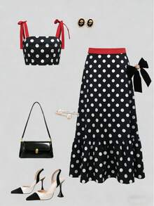 Black & White Polka Dot Woven Poplin Set – 2pcs Crop Top + Maxi Skirt, Red Bow Shoulder Straps & Waistband, Square Neck, Tied Back, Tiered Ruffle Hem, Fitted Silhouette, Lightweight Breathable Fabric – Perfect For Summer Parties, Date Nights & Beach Vacations – Retro, Feminine & Eye - Catching - Black - View 7