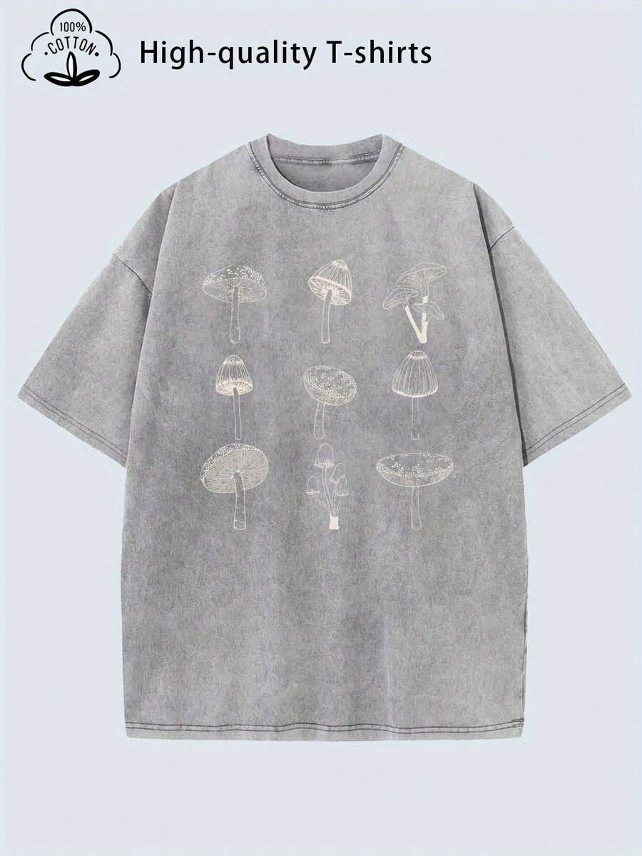 Summer Tops2026Women'S Vintage Distressed Oversized T-Shirt - Heavyweight Soft Washed Texture, Loose Fit Round Neck Short Sleeve With Retro Mushroom & Forest Print - Casual Casual Attire, All-Season Comfort, S-XXL Sizes (Grey/Beige) - Breathable Layered Outfit Essential For Women'S Fashion, Street Retro Style Geometric Pattern, Relaxed Fit, Machine Washable, Minimal Shrinkage, Vintage-Inspired Design With White Mushroom & Tree Print, Oversized Relaxed Fit For Layering,  Oversized Women'S, Tsummer Clothes Washed Cotton - 灰色 - 查看 1
