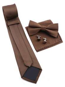 ZONFAZ 4pcs Men's Business Minimalist Solid Ribbed 8cm Necktie, Bow Tie, Pocket Square & Cufflinks Combo Set, Suitable For Weddings, Parties And Daily Commute - Brown - View 4