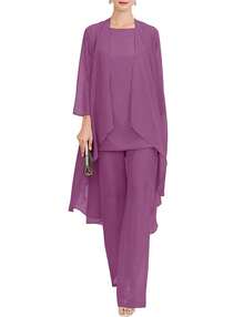 Chiffon Mother Of The Bride Pantsuit 3 Piece Wedding Formal Dress Suit Evening Gown - Màu tím - Xem 1