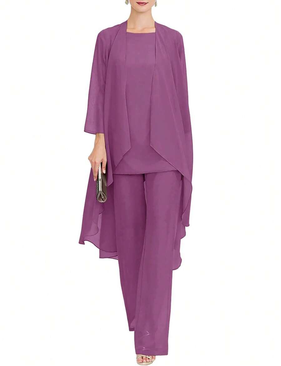 Chiffon Mother Of The Bride Pantsuit 3 Piece Wedding Formal Dress Suit Evening Gown - Màu tím - Xem 1
