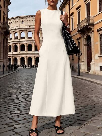 1件女士纯色优雅梭织面料收腰长连衣裙，适合日常穿着，春夏款