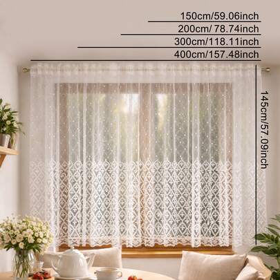 Cortina transparente com bordado de renda francesa elegante (1 peça), cortina de tule floral romântica com borla de contas de cristal, estilo vintage shabby chic para cozinha, café e sala de estar, com bolso para varão.