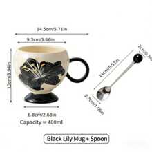 Black & White Contrast Lily Flower Pattern Ceramic Coffee Mug, Classical Elegant Bulbous Shape Teacup, Large Capacity For Home & Office, Afternoon Tea, Unique Gift - Multicolor - View 13