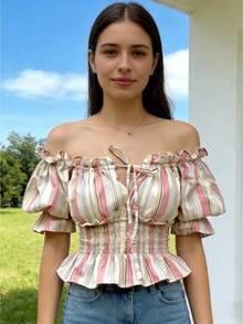 Women's Off Shoulder Tops Elegant Striped Puff Short Sleeve Tie Front Ruffled Blouse For Summer Daily Wear - Baby Pink - View 1