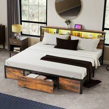 BALCONERA Super King Size Brown Metal Platform Bed Frame, LED With Headboard, Type-C USB Ports & Charging Outlets, No Box Spring Required - Brown - View 1