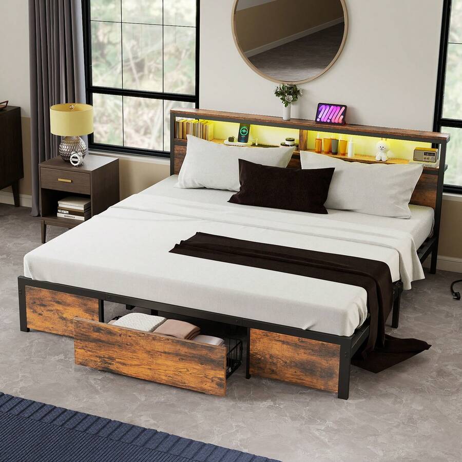 BALCONERA Super King Size Brown Metal Platform Bed Frame, LED With Headboard, Type-C USB Ports & Charging Outlets, No Box Spring Required - Brown - View 1