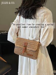 Vintage Fashion Large Capacity Woven Tote Bag, Beach Vacation Straw Shoulder Crossbody Bag , Summer - Khaki - View 2