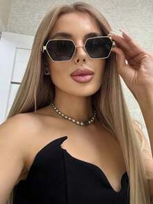 1 pieza Gafas con marco metálico geométrico pequeño, gafas de estilo para salidas de moda - Negro - Ver 5