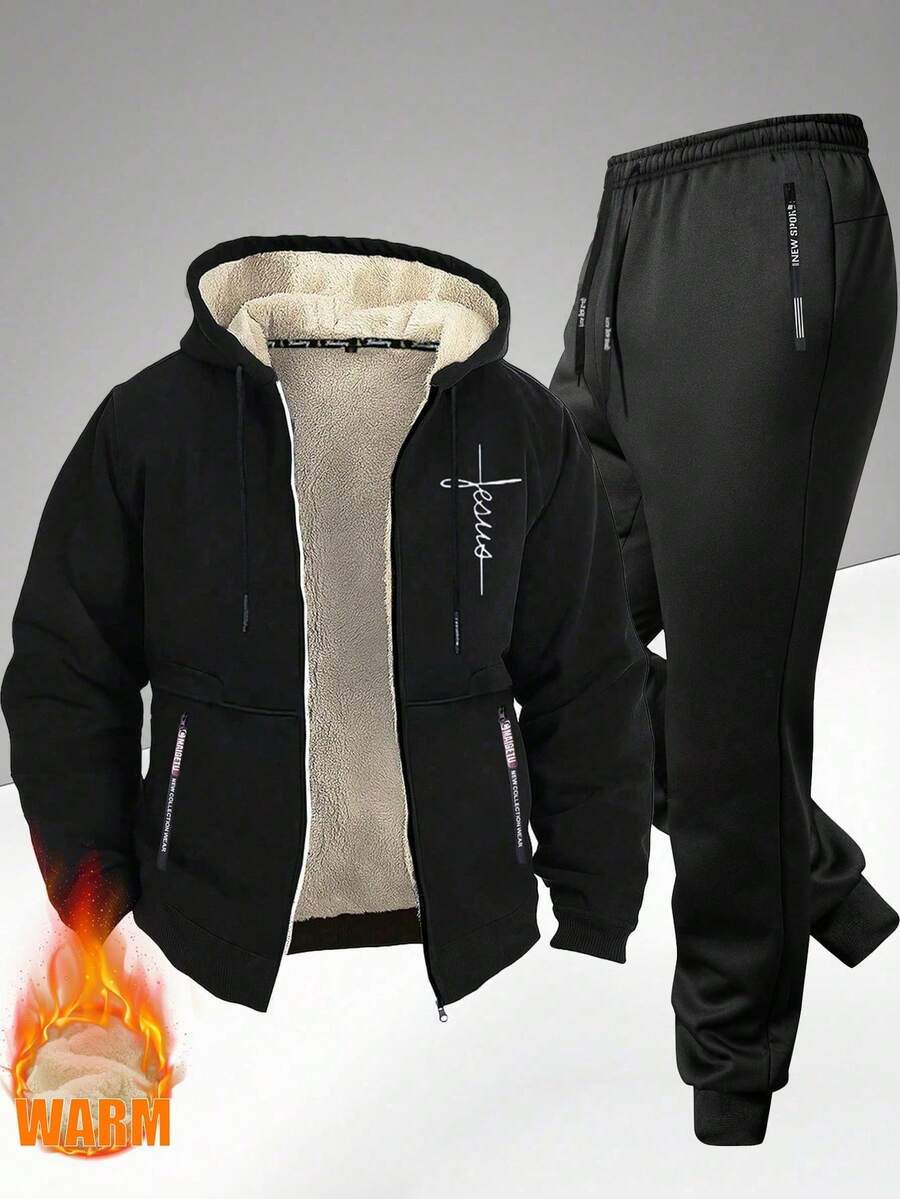 Men's Casual Outdoor Sports Hoodie Sweatshirt And Drawstring Pants Set, Autumn/Winter - Black - View 1