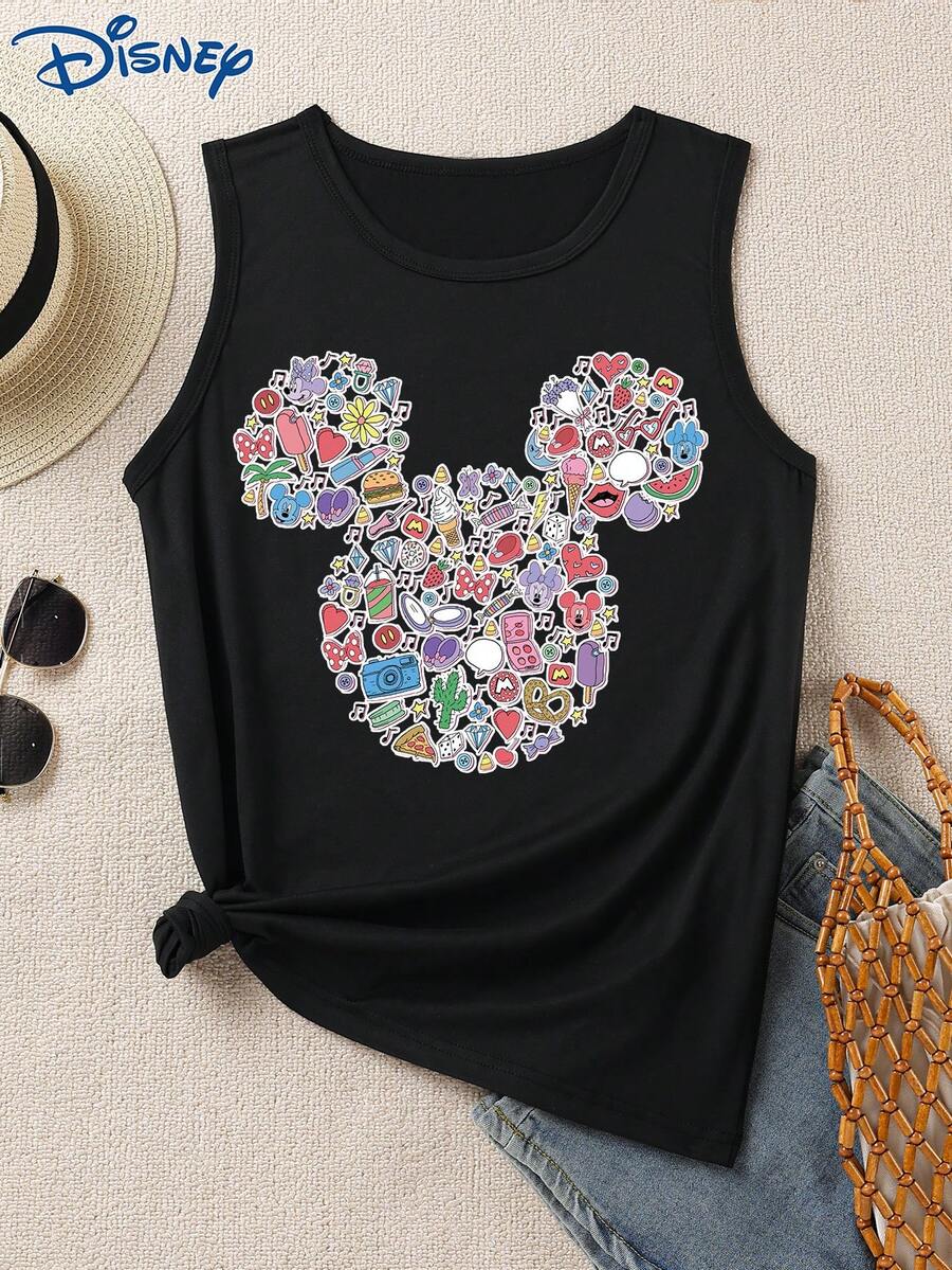 Disney 1pc Women's Cartoon Graphic Print Camisole, Fashion Ladies' Sleeveless Top, Round Neck Stretchy, Suitable For Daily Wear, Easy Care Material, Casual Women's Tank Top - Black - View 1