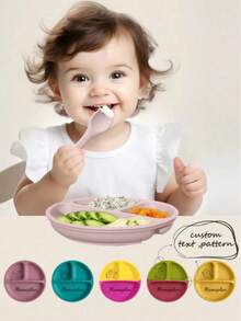 Customized Baby Silicone Plate, Personalized Pattern & Name, Children's Tableware, Baby Suction Cup Plate, Customized Baby Tableware, Multi-Functional, Decorative, Lettering, Fashionable, Modern, Colorful, Cute, Appealing, Casual, Customized, Personalized, Unique, Ideal Gift For Boy, Women, Halloween Decor, Back To School Fashion, Christmas Gift - Multicolor - View 3