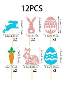 12/6pcs Easter Cake Toppers - Glitter Bunny, Carrot, Egg Cupcake Picks; Easter Cake Decorations, Easter Dessert Table Decor, Easter Home Baking DIY Decor, Easter Gifts Sweets Decor, Easter Atmosphere Decor Accessories, Easter Decorations, Suitable For Easter Party Decor Picks, Birthday Cake Decor Accessories, Spring Picnic Dessert Picks, Holiday Atmosphere Decor Props - Multicolor - View 12