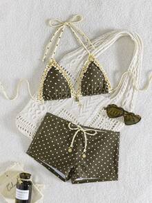 wohenmeili 女士夏季沙滩波点荷叶边吊带性感比基尼泳衣套装 - 棕底黃點+黃棕點邊 - 查看 1