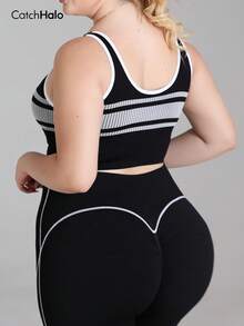 Áo tập thể thao cỡ lớn kẻ sọc, cổ vuông, không lưng, thích hợp cho yoga và các bài tập cường độ thấp, màu đen, mùa hè. - màu đen - Xem 3