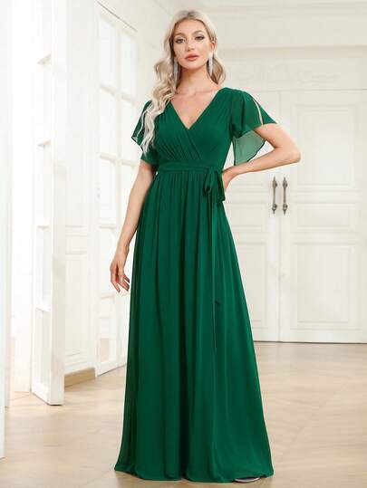 Spring Elegant V-Neck Ruffle Flare Sleeve Chiffon Dark Green Bridesmaid Dress Wedding Guest Dress Long Semi Formal Dress For Wedding Dinner
