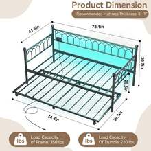 Sofá Cama Individual con rodar, Marco de Metal para sofá Cama con estación de Carga y Luces LED, Listones de Acero Resistente, diseño de Plataforma de Soporte, fácil Montaje, Ahorro de Espacio, para - Negro - Ver 2