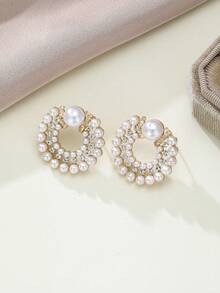 一对波西米亚奢华风仿珍珠立方氧化锆耳钉，镂空圆形耳钉，适合女性佩戴，也可作为礼物在任何场合佩戴。 - 耳環 - 查看 8