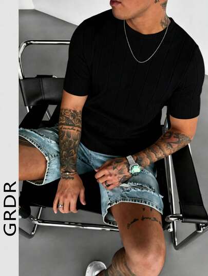  Camiseta de manga corta de punto acanalado de cuello redondo para hombre GRDR, para uso casual al aire libre en verano