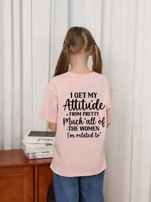 少女休闲印花圆领短袖T恤，夏季上衣 - 粉色 - 查看 2