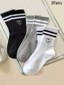3 Pairs Fashionable Black, White And Gray Minimalist Striped, Heart Line And Heart Print Couple Mid-Calf Socks, Soft And Comfortable, Moisture-Wicking And Odor-Resistant, Suitable For Valentine's Day, Work, Daily Wear, Shopping, Dates, Outdoor Cycling And Sports - Multicolor - View 2