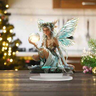 Fairy Statue, Acrylic Decorative Item, 2D Desktop Decor, Glowing Crystal Ball, Butterfly Wing Fairy, Christmas Home Decor, Mysterious Sculpture, Desktop Art Piece, Cute Fantasy Gift, Magical Creature Decoration