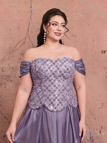 Plus Size Contrast Lace One-Shoulder Elegant Evening Dress, Pearl Decor, Ruffle Hem Maxi Dress, Suitable For Prom, Wedding, Party, Guest Outfit - 紫色 - 查看 5