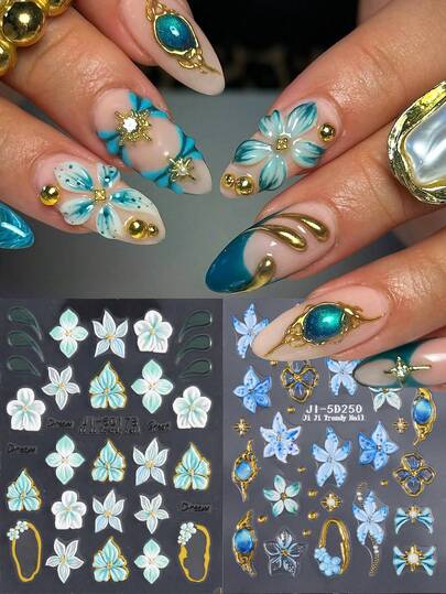 Blue And GreenHibiscus Lily Flower Nail Sticker Decals Embossed Hawaii Tropical Floral Petals Gradient Color Summer Nail Charms Shimmer Stickers DIY Baroque Manicure Decoration For Salon Design Accessories